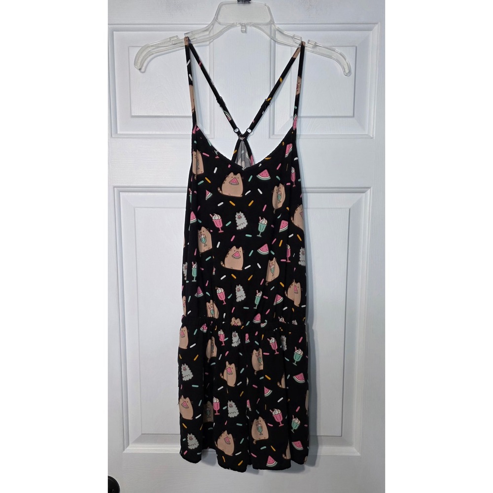 Pusheen the Cat Womens Romper Medium Black Summer Treats Watermelon Rayon Pocket